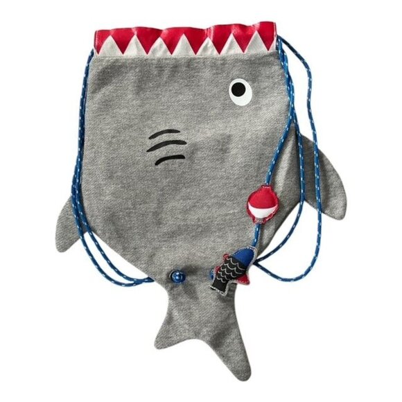 Target Shark Drawstring Backpack – Gray & Red with Fish Charm – Kids Novelty Bag - Picture 1 of 3